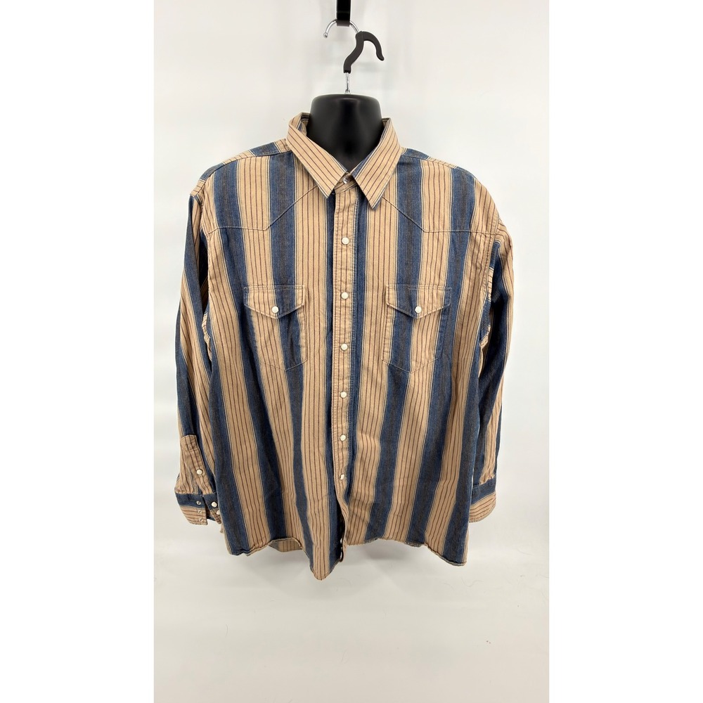 Vintage Wrangler Western Shirt Mens 18.5 x 36 Pearl Snap Striped Cotton XL Tall